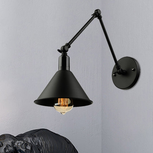 1 Head Wall Lamp with Conic Shade and Swing Arm Metallic Loft Style Indoor Sconce Lighting in Black/White Clearhalo 'Art deco wall lights' 'Cast Iron' 'Glass' 'Industrial wall lights' 'Industrial' 'Middle century wall lights' 'Modern' 'Rustic wall lights' 'Tiffany' 'Traditional wall lights' 'Wall Lamps & Sconces' 'Wall Lights' Lighting' 468235