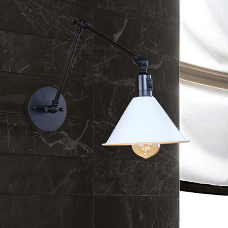 1 Head Wall Lamp with Conic Shade and Swing Arm Metallic Loft Style Indoor Sconce Lighting in Black/White Clearhalo 'Art deco wall lights' 'Cast Iron' 'Glass' 'Industrial wall lights' 'Industrial' 'Middle century wall lights' 'Modern' 'Rustic wall lights' 'Tiffany' 'Traditional wall lights' 'Wall Lamps & Sconces' 'Wall Lights' Lighting' 468236