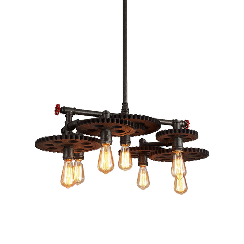 Black Cog Top Chandelier Lamp Vintage Metal 3/5/7-Light Dining Room Hanging Light with Valve Clearhalo 'Cast Iron' 'Ceiling Lights' 'Chandeliers' 'Industrial Chandeliers' 'Industrial' 'Metal' 'Middle Century Chandeliers' 'Rustic Chandeliers' 'Tiffany' Lighting' 468239