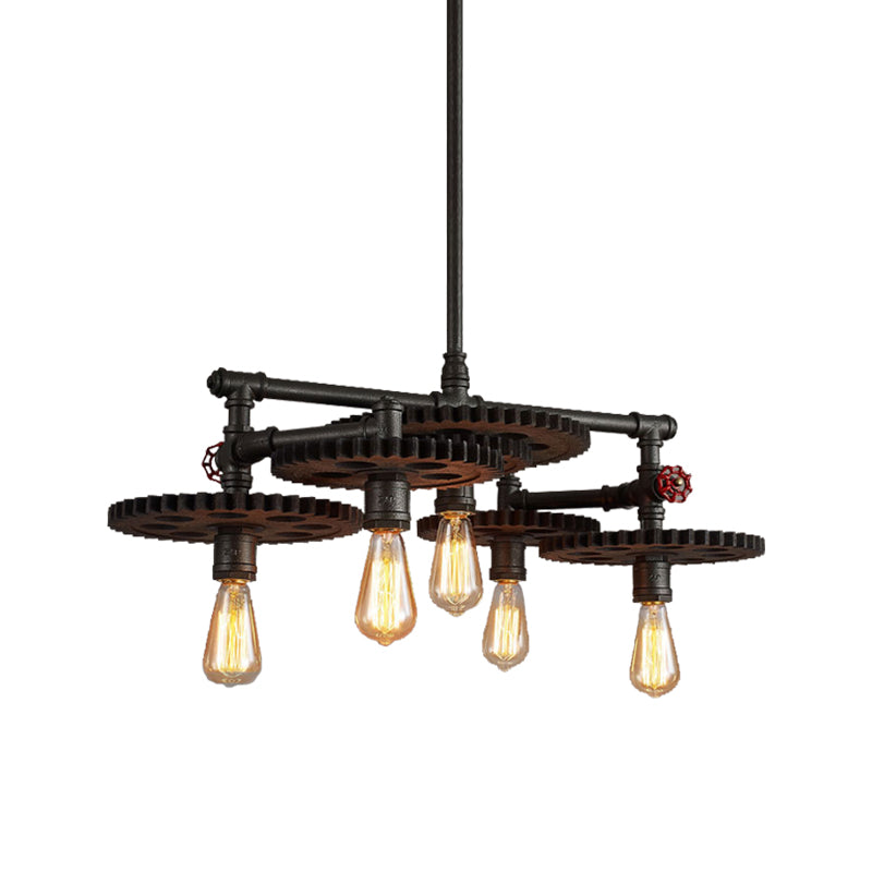 Black Cog Top Chandelier Lamp Vintage Metal 3/5/7-Light Dining Room Hanging Light with Valve Clearhalo 'Cast Iron' 'Ceiling Lights' 'Chandeliers' 'Industrial Chandeliers' 'Industrial' 'Metal' 'Middle Century Chandeliers' 'Rustic Chandeliers' 'Tiffany' Lighting' 468242