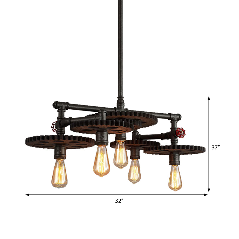Black Cog Top Chandelier Lamp Vintage Metal 3/5/7-Light Dining Room Hanging Light with Valve Clearhalo 'Cast Iron' 'Ceiling Lights' 'Chandeliers' 'Industrial Chandeliers' 'Industrial' 'Metal' 'Middle Century Chandeliers' 'Rustic Chandeliers' 'Tiffany' Lighting' 468243