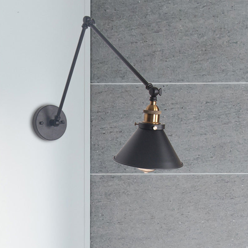 1 Light Adjustable Wall Lamp with Cone Shade Metal Retro Indoor Wall Sconce Light in Black/White Clearhalo 'Cast Iron' 'Glass' 'Industrial' 'Modern wall lights' 'Modern' 'Tiffany' 'Traditional wall lights' 'Wall Lamps & Sconces' 'Wall Lights' Lighting' 468249