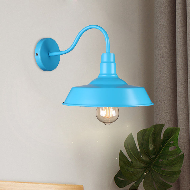 Industrial Stylish Barn Wall Sconce Lamp 1 Bulb Metallic Sconce Wall Lighting with Gooseneck Arm in Blue/Pink, 10"/14" Wide Clearhalo 'Art deco wall lights' 'Cast Iron' 'Glass' 'Industrial wall lights' 'Industrial' 'Middle century wall lights' 'Modern' 'Rustic wall lights' 'Tiffany' 'Traditional wall lights' 'Wall Lamps & Sconces' 'Wall Lights' Lighting' 468251