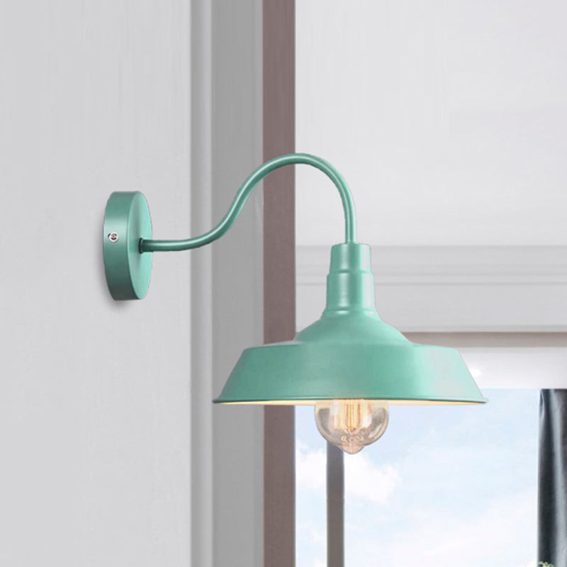 Industrial Stylish Barn Wall Sconce Lamp 1 Bulb Metallic Sconce Wall Lighting with Gooseneck Arm in Blue/Pink, 10"/14" Wide Clearhalo 'Art deco wall lights' 'Cast Iron' 'Glass' 'Industrial wall lights' 'Industrial' 'Middle century wall lights' 'Modern' 'Rustic wall lights' 'Tiffany' 'Traditional wall lights' 'Wall Lamps & Sconces' 'Wall Lights' Lighting' 468252