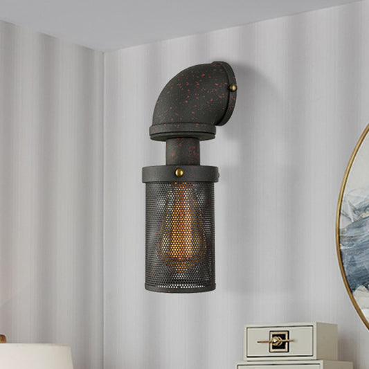 1 Bulb Metal Wall Lighting Industrial Black Mesh Cylinder Shade Bedroom Sconce Lighting Fixture with Pipe Clearhalo 'Art deco wall lights' 'Cast Iron' 'Glass' 'Industrial wall lights' 'Industrial' 'Middle century wall lights' 'Modern' 'Rustic wall lights' 'Tiffany' 'Traditional wall lights' 'Wall Lamps & Sconces' 'Wall Lights' Lighting' 468256