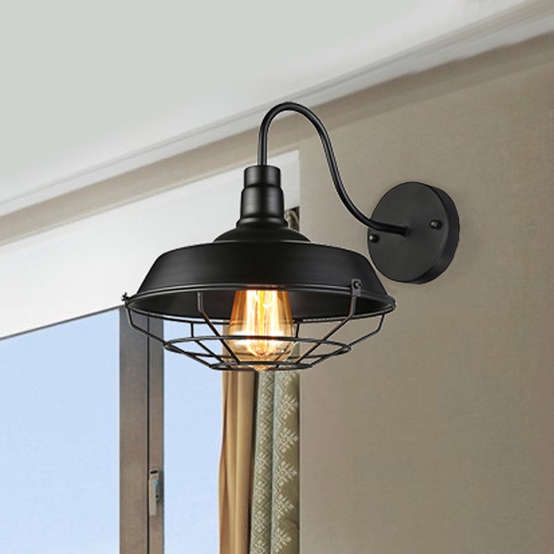 10"/14" W 1 Head Caged Sconce Light with Barn Shade and Gooseneck Arm Iron Restaurant Wall Mount Light in Black/White Clearhalo 'Art deco wall lights' 'Cast Iron' 'Glass' 'Industrial wall lights' 'Industrial' 'Middle century wall lights' 'Modern' 'Rustic wall lights' 'Tiffany' 'Traditional wall lights' 'Wall Lamps & Sconces' 'Wall Lights' Lighting' 468261