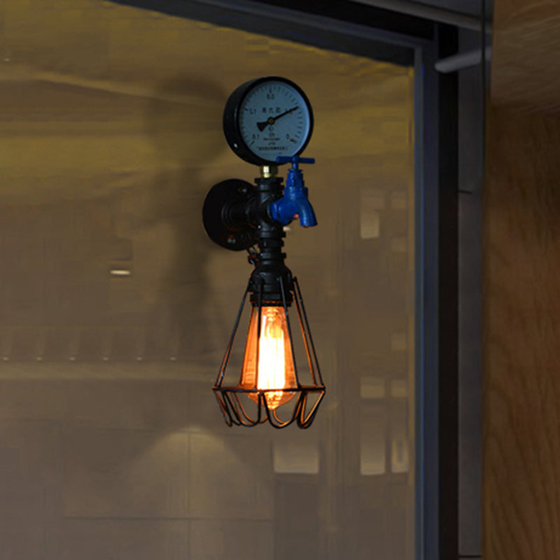 Industrial Diamond Cage Wall Lamp 1 Light Wrought Iron Wall Lighting with Gauge and Faucet in Silver/Blue Clearhalo 'Art deco wall lights' 'Cast Iron' 'Glass' 'Industrial wall lights' 'Industrial' 'Middle century wall lights' 'Modern' 'Rustic wall lights' 'Tiffany' 'Traditional wall lights' 'Wall Lamps & Sconces' 'Wall Lights' Lighting' 468263