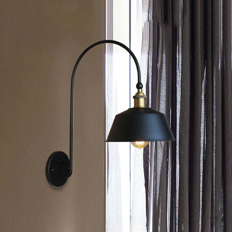 Retro Style Barn/Tapered Shade Wall Light 10"/14" W 1 Light Metallic Sconce Lighting with Arched Arm in Black Clearhalo 'Art deco wall lights' 'Cast Iron' 'Glass' 'Industrial wall lights' 'Industrial' 'Middle century wall lights' 'Modern' 'Rustic wall lights' 'Tiffany' 'Traditional wall lights' 'Wall Lamps & Sconces' 'Wall Lights' Lighting' 468275