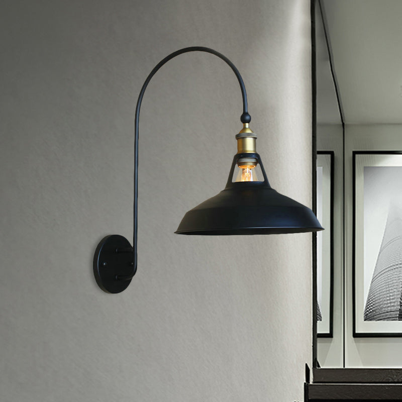 Retro Style Barn/Tapered Shade Wall Light 10"/14" W 1 Light Metallic Sconce Lighting with Arched Arm in Black Clearhalo 'Art deco wall lights' 'Cast Iron' 'Glass' 'Industrial wall lights' 'Industrial' 'Middle century wall lights' 'Modern' 'Rustic wall lights' 'Tiffany' 'Traditional wall lights' 'Wall Lamps & Sconces' 'Wall Lights' Lighting' 468276