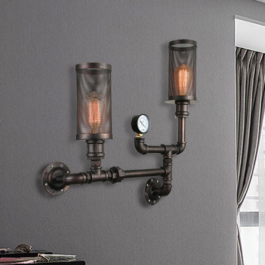 2 Lights Metal Sconce Light Industrial Black Cylinder Mesh Shade Bedroom Wall Lighting with Gauge Design Clearhalo 'Art deco wall lights' 'Cast Iron' 'Glass' 'Industrial wall lights' 'Industrial' 'Middle century wall lights' 'Modern' 'Rustic wall lights' 'Tiffany' 'Traditional wall lights' 'Wall Lamps & Sconces' 'Wall Lights' Lighting' 468284