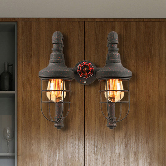 Black/Bronze Tubed Wall Light Fixture Industrial Metallic 2 Lights Kitchen Sconce Lighting with Cage Shade and Red Valve Clearhalo 'Art deco wall lights' 'Cast Iron' 'Glass' 'Industrial wall lights' 'Industrial' 'Middle century wall lights' 'Modern' 'Rustic wall lights' 'Tiffany' 'Traditional wall lights' 'Wall Lamps & Sconces' 'Wall Lights' Lighting' 468286