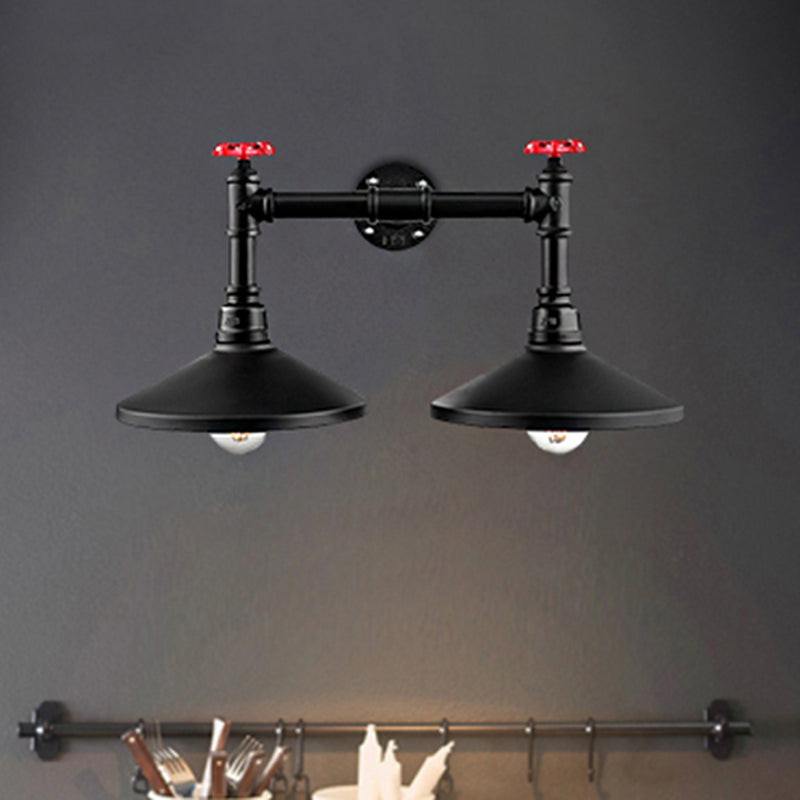 Industrial Cone Wall Mounted Light with Red Valve 2 Heads Metal Wall Lamp in Black for Hallway Clearhalo 'Art deco wall lights' 'Cast Iron' 'Glass' 'Industrial wall lights' 'Industrial' 'Middle century wall lights' 'Modern' 'Rustic wall lights' 'Tiffany' 'Traditional wall lights' 'Wall Lamps & Sconces' 'Wall Lights' Lighting' 468298