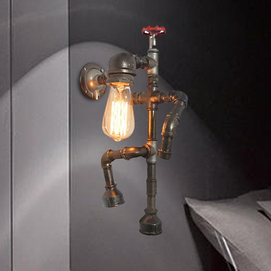 Bronze Finish Robot Sconce Light with Expose Bulb and Red Valve Vintage Metallic 1 Head Hallway Wall Lighting Clearhalo 'Art deco wall lights' 'Cast Iron' 'Glass' 'Industrial wall lights' 'Industrial' 'Middle century wall lights' 'Modern' 'Rustic wall lights' 'Tiffany' 'Traditional wall lights' 'Wall Lamps & Sconces' 'Wall Lights' Lighting' 468318