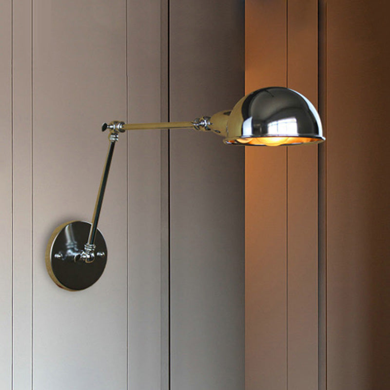 Retro Dome Wall Sconce 1 Bulb Metal Wall Lighting with Swing Arm in Brass/Chrome for Bathroom Clearhalo 'Art deco wall lights' 'Cast Iron' 'Glass' 'Industrial wall lights' 'Industrial' 'Middle century wall lights' 'Modern' 'Rustic wall lights' 'Tiffany' 'Traditional wall lights' 'Wall Lamps & Sconces' 'Wall Lights' Lighting' 468325