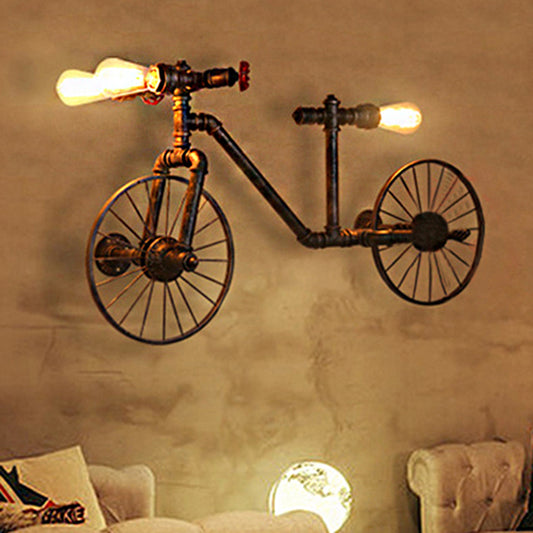 Metallic Bicycle Shaped Wall Light with Pipe Farmhouse 3 Lights Living Room Sconce Light Fixture in Antique Bronze Clearhalo 'Art deco wall lights' 'Cast Iron' 'Glass' 'Industrial wall lights' 'Industrial' 'Middle century wall lights' 'Modern' 'Rustic wall lights' 'Tiffany' 'Traditional wall lights' 'Wall Lamps & Sconces' 'Wall Lights' Lighting' 468334