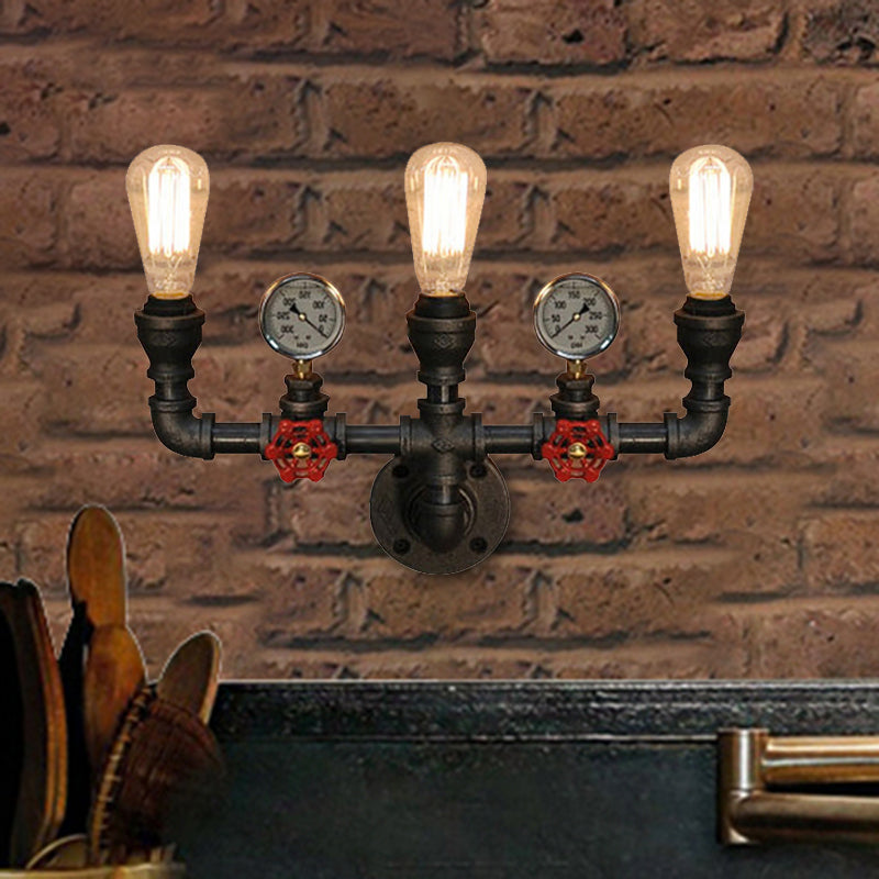 2/3 Lights Wall Mount Light with Pipe and Gauge Metal Steampunk Restaurant Wall Lighting in Black Clearhalo 'Art deco wall lights' 'Cast Iron' 'Glass' 'Industrial wall lights' 'Industrial' 'Middle century wall lights' 'Modern' 'Rustic wall lights' 'Tiffany' 'Traditional wall lights' 'Wall Lamps & Sconces' 'Wall Lights' Lighting' 468358