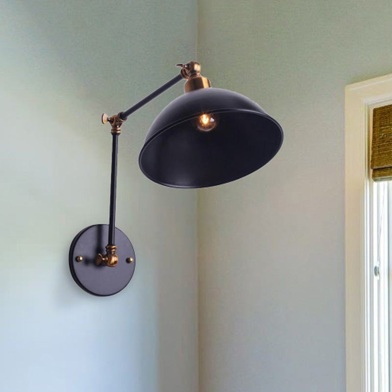 1 Bulb Sconce Light Vintage Swing Arm Metal Wall Lighting with Bowl Shade in Black for Stairway Clearhalo 'Art deco wall lights' 'Cast Iron' 'Glass' 'Industrial wall lights' 'Industrial' 'Middle century wall lights' 'Modern' 'Rustic wall lights' 'Tiffany' 'Traditional wall lights' 'Wall Lamps & Sconces' 'Wall Lights' Lighting' 468361