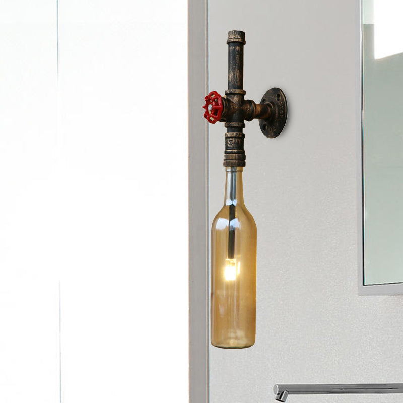 Glass Wine Bottle Wall Lighting Rustic Industrial 1 Light Restaurant Blue/Clear Wall Sconce Light with Red Valve Clearhalo 'Cast Iron' 'Glass' 'Industrial wall lights' 'Industrial' 'Middle century wall lights' 'Modern' 'Tiffany' 'Traditional wall lights' 'Wall Lamps & Sconces' 'Wall Lights' Lighting' 468365