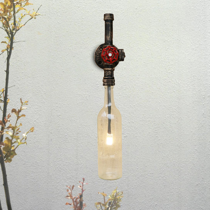 Glass Wine Bottle Wall Lighting Rustic Industrial 1 Light Restaurant Blue/Clear Wall Sconce Light with Red Valve Clearhalo 'Cast Iron' 'Glass' 'Industrial wall lights' 'Industrial' 'Middle century wall lights' 'Modern' 'Tiffany' 'Traditional wall lights' 'Wall Lamps & Sconces' 'Wall Lights' Lighting' 468367
