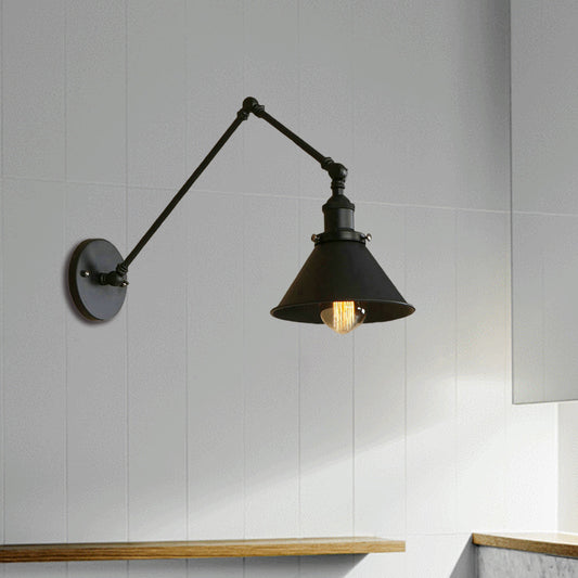 1 Head Sconce Lighting with Conic Shade and Swing Arm Metal Retro Style Indoor Wall Lamp in Black Clearhalo 'Art deco wall lights' 'Cast Iron' 'Glass' 'Industrial wall lights' 'Industrial' 'Middle century wall lights' 'Modern' 'Rustic wall lights' 'Tiffany' 'Traditional wall lights' 'Wall Lamps & Sconces' 'Wall Lights' Lighting' 468369