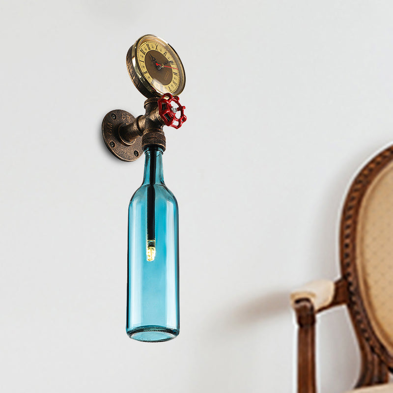Brown/Blue Bottle Wall Sconce Lamp Vintage Stylish Glass 1 Bulb Living Room Wall Lighting with Gauge and Valve Clearhalo 'Cast Iron' 'Glass' 'Industrial wall lights' 'Industrial' 'Middle century wall lights' 'Modern' 'Tiffany' 'Traditional wall lights' 'Wall Lamps & Sconces' 'Wall Lights' Lighting' 468370