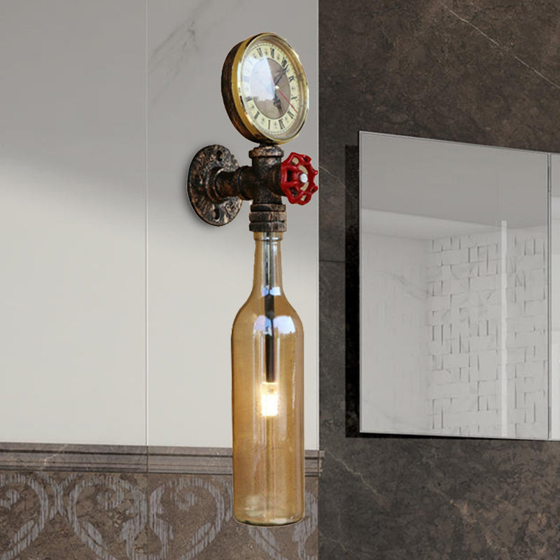 Brown/Blue Bottle Wall Sconce Lamp Vintage Stylish Glass 1 Bulb Living Room Wall Lighting with Gauge and Valve Clearhalo 'Cast Iron' 'Glass' 'Industrial wall lights' 'Industrial' 'Middle century wall lights' 'Modern' 'Tiffany' 'Traditional wall lights' 'Wall Lamps & Sconces' 'Wall Lights' Lighting' 468371