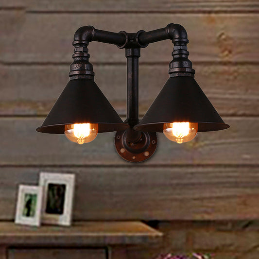 Vintage Style Cone Wall Lamp with Water Pipe 2 Lights Metallic Wall Sconce Light in Black, 14.5/18.5" Width Clearhalo 'Art deco wall lights' 'Cast Iron' 'Glass' 'Industrial wall lights' 'Industrial' 'Middle century wall lights' 'Modern' 'Rustic wall lights' 'Tiffany' 'Traditional wall lights' 'Wall Lamps & Sconces' 'Wall Lights' Lighting' 468387