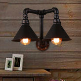 Vintage Style Cone Wall Lamp with Water Pipe 2 Lights Metallic Wall Sconce Light in Black, 14.5/18.5" Width Clearhalo 'Art deco wall lights' 'Cast Iron' 'Glass' 'Industrial wall lights' 'Industrial' 'Middle century wall lights' 'Modern' 'Rustic wall lights' 'Tiffany' 'Traditional wall lights' 'Wall Lamps & Sconces' 'Wall Lights' Lighting' 468387