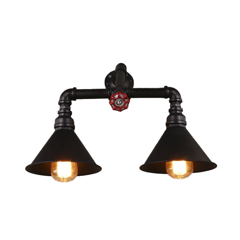 Vintage Style Cone Wall Lamp with Water Pipe 2 Lights Metallic Wall Sconce Light in Black, 14.5/18.5" Width Clearhalo 'Art deco wall lights' 'Cast Iron' 'Glass' 'Industrial wall lights' 'Industrial' 'Middle century wall lights' 'Modern' 'Rustic wall lights' 'Tiffany' 'Traditional wall lights' 'Wall Lamps & Sconces' 'Wall Lights' Lighting' 468389