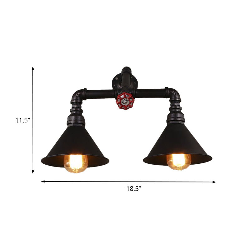 Vintage Style Cone Wall Lamp with Water Pipe 2 Lights Metallic Wall Sconce Light in Black, 14.5/18.5" Width Clearhalo 'Art deco wall lights' 'Cast Iron' 'Glass' 'Industrial wall lights' 'Industrial' 'Middle century wall lights' 'Modern' 'Rustic wall lights' 'Tiffany' 'Traditional wall lights' 'Wall Lamps & Sconces' 'Wall Lights' Lighting' 468390