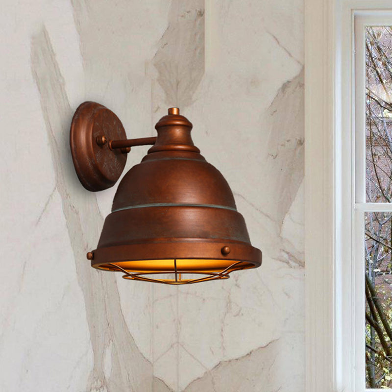 1 Light Dome Wall Lamp with Wire Cage Vintage Style Black/Weathered Copper Iron Wall Sconce for Staircase Clearhalo 'Art deco wall lights' 'Cast Iron' 'Glass' 'Industrial wall lights' 'Industrial' 'Middle century wall lights' 'Modern' 'Rustic wall lights' 'Tiffany' 'Traditional wall lights' 'Wall Lamps & Sconces' 'Wall Lights' Lighting' 468391