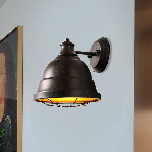 1 Light Dome Wall Lamp with Wire Cage Vintage Style Black/Weathered Copper Iron Wall Sconce for Staircase Clearhalo 'Art deco wall lights' 'Cast Iron' 'Glass' 'Industrial wall lights' 'Industrial' 'Middle century wall lights' 'Modern' 'Rustic wall lights' 'Tiffany' 'Traditional wall lights' 'Wall Lamps & Sconces' 'Wall Lights' Lighting' 468392