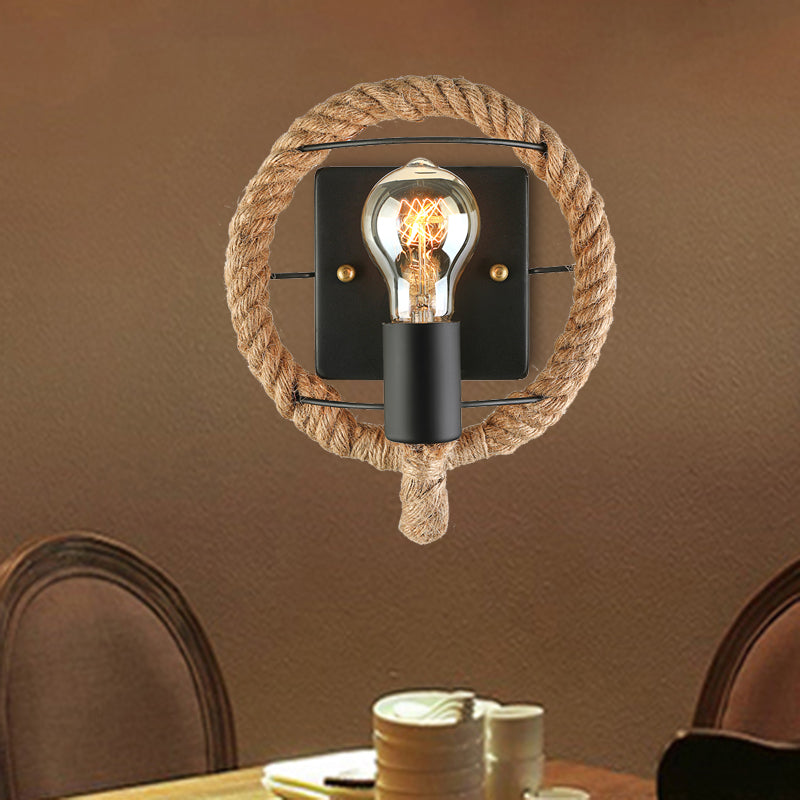 Roped Round/Oval Wall Light with Bare Bulb Nautical Style 1 Light Restaurant Wall Sconce Lighting in Black Clearhalo 'Art deco wall lights' 'Cast Iron' 'Glass' 'Industrial wall lights' 'Industrial' 'Middle century wall lights' 'Modern' 'Rustic wall lights' 'Tiffany' 'Traditional wall lights' 'Wall Lamps & Sconces' 'Wall Lights' Lighting' 468396