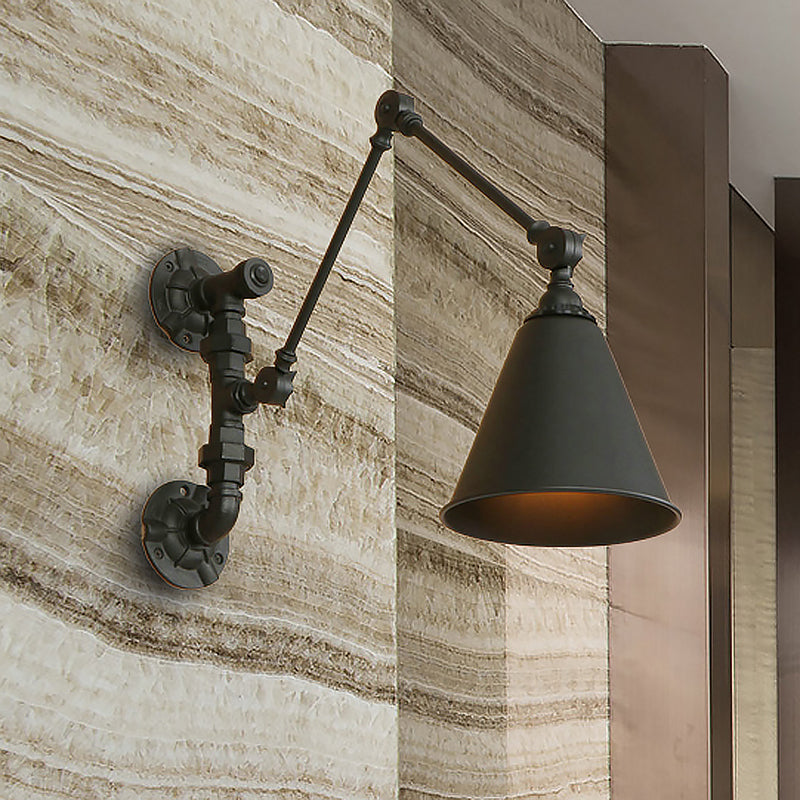 1 Bulb Swing Arm Wall Sconce Lighting Industrial Black Metal Wall Mount Light with Cone Shade Clearhalo 'Art deco wall lights' 'Cast Iron' 'Glass' 'Industrial wall lights' 'Industrial' 'Middle century wall lights' 'Modern' 'Rustic wall lights' 'Tiffany' 'Traditional wall lights' 'Wall Lamps & Sconces' 'Wall Lights' Lighting' 468428