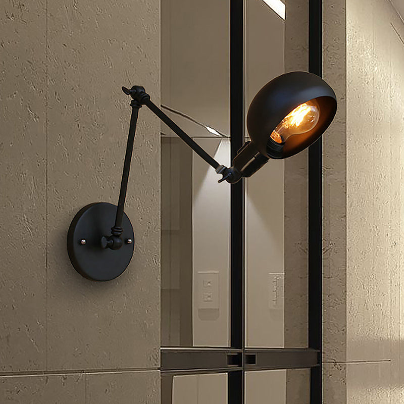 1 Bulb Metal Wall Lighting Industrial Black Swing Arm Study Room Wall Sconce Light with Bowl Shade Clearhalo 'Art deco wall lights' 'Cast Iron' 'Glass' 'Industrial wall lights' 'Industrial' 'Middle century wall lights' 'Modern' 'Rustic wall lights' 'Tiffany' 'Traditional wall lights' 'Wall Lamps & Sconces' 'Wall Lights' Lighting' 468434