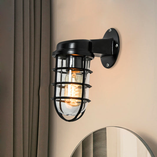 Clear Glass Black/White/Rust Sconce Light Cylinder 1-Light Traditional Wall Lamp Fixture for Porch with Caged - Clearhalo - 'Art deco wall lights' - 'Cast Iron' - 'Glass' - 'Industrial wall lights' - 'Industrial' - 'Middle century wall lights' - 'Modern' - 'Rustic wall lights' - 'Tiffany' - 'Traditional wall lights' - 'Wall Lamps & Sconces' - 'Wall Lights' - Lighting' - 468438