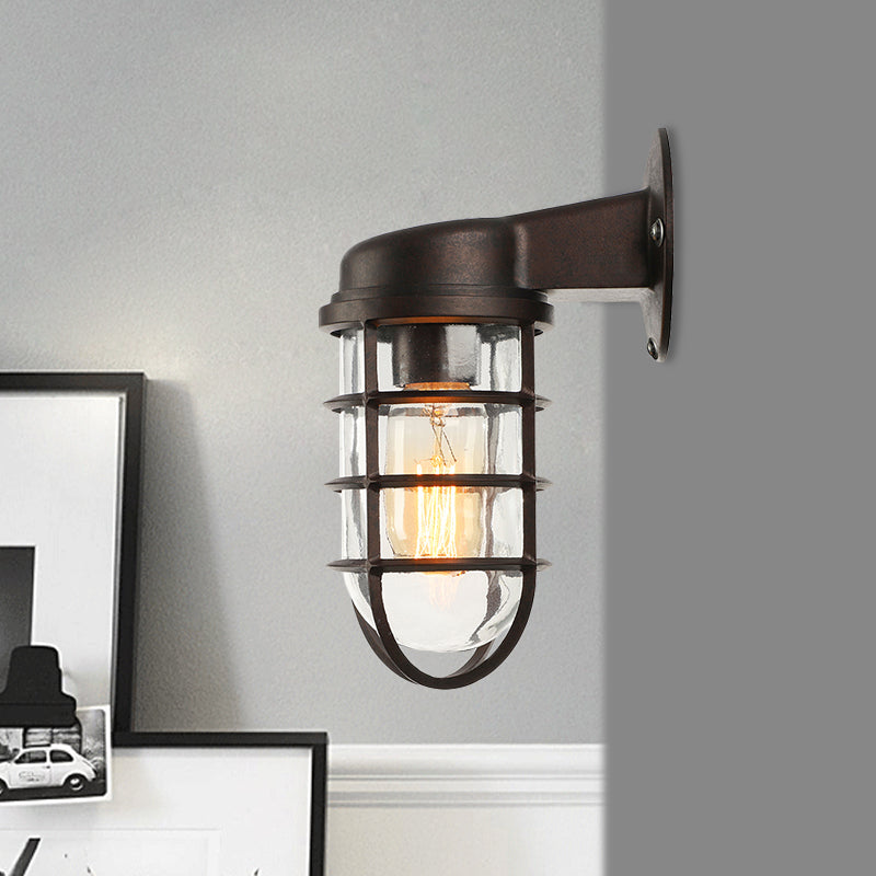 Clear Glass Black/White/Rust Sconce Light Cylinder 1-Light Traditional Wall Lamp Fixture for Porch with Caged Clearhalo 'Art deco wall lights' 'Cast Iron' 'Glass' 'Industrial wall lights' 'Industrial' 'Middle century wall lights' 'Modern' 'Rustic wall lights' 'Tiffany' 'Traditional wall lights' 'Wall Lamps & Sconces' 'Wall Lights' Lighting' 468439
