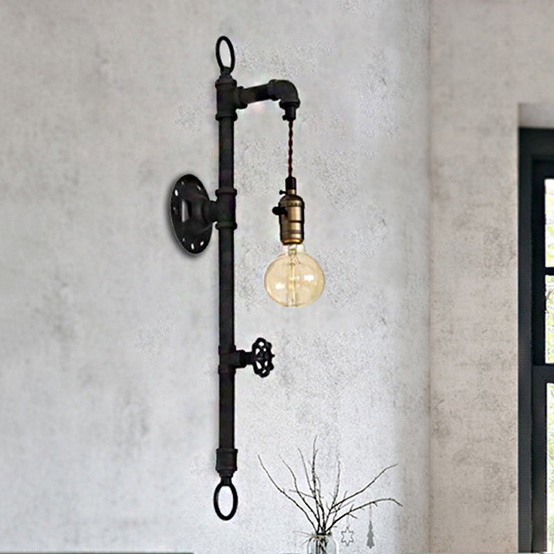 Black Water Pipe Wall Mount Lighting Antique Industrial Metal 1 Bulb Dining Room Sconce Light with Valve Clearhalo 'Art deco wall lights' 'Cast Iron' 'Glass' 'Industrial wall lights' 'Industrial' 'Middle century wall lights' 'Modern' 'Rustic wall lights' 'Tiffany' 'Traditional wall lights' 'Wall Lamps & Sconces' 'Wall Lights' Lighting' 468441