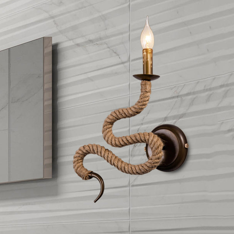 Candle Roped Sconce Light Fixture with Curved Design Vintage 1 Light Bedroom Wall Mounted Light in Bronze Clearhalo 'Industrial wall lights' 'Industrial' 'Middle century wall lights' 'Tiffany' 'Wall Lamps & Sconces' 'Wall Lights' Lighting' 468445