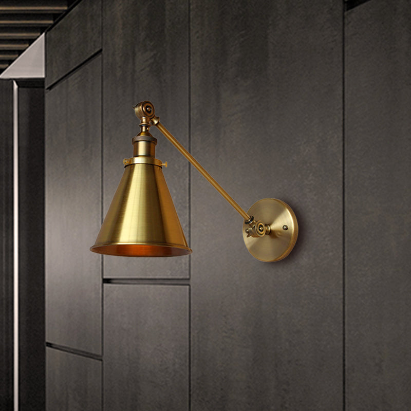 1 Light Wall Sconce Light with Tapered Shade Metallic Vintage Indoor Wall Lighting in Brass, 8"/12" Dia Clearhalo 'Art deco wall lights' 'Cast Iron' 'Glass' 'Industrial wall lights' 'Industrial' 'Middle century wall lights' 'Modern' 'Rustic wall lights' 'Tiffany' 'Traditional wall lights' 'Wall Lamps & Sconces' 'Wall Lights' Lighting' 468448