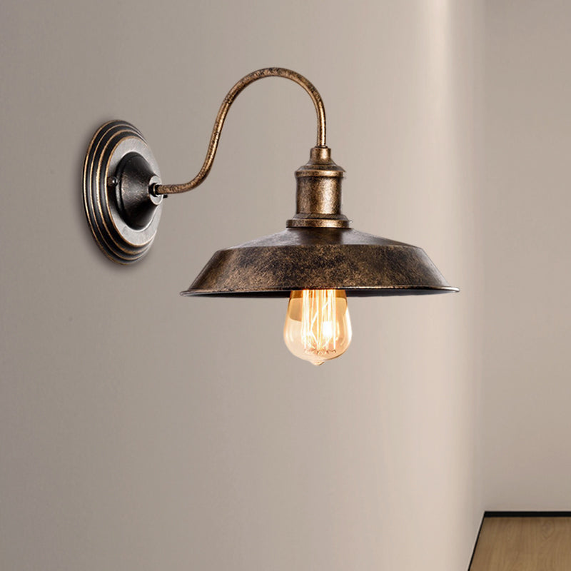 Warehouse Barn Wall Mount Light 10"/14" Wide 1 Head Wrought Iron Wall Lighting with Gooseneck Arm in Bronze Clearhalo 'Art deco wall lights' 'Cast Iron' 'Glass' 'Industrial wall lights' 'Industrial' 'Middle century wall lights' 'Modern' 'Rustic wall lights' 'Tiffany' 'Traditional wall lights' 'Wall Lamps & Sconces' 'Wall Lights' Lighting' 468449