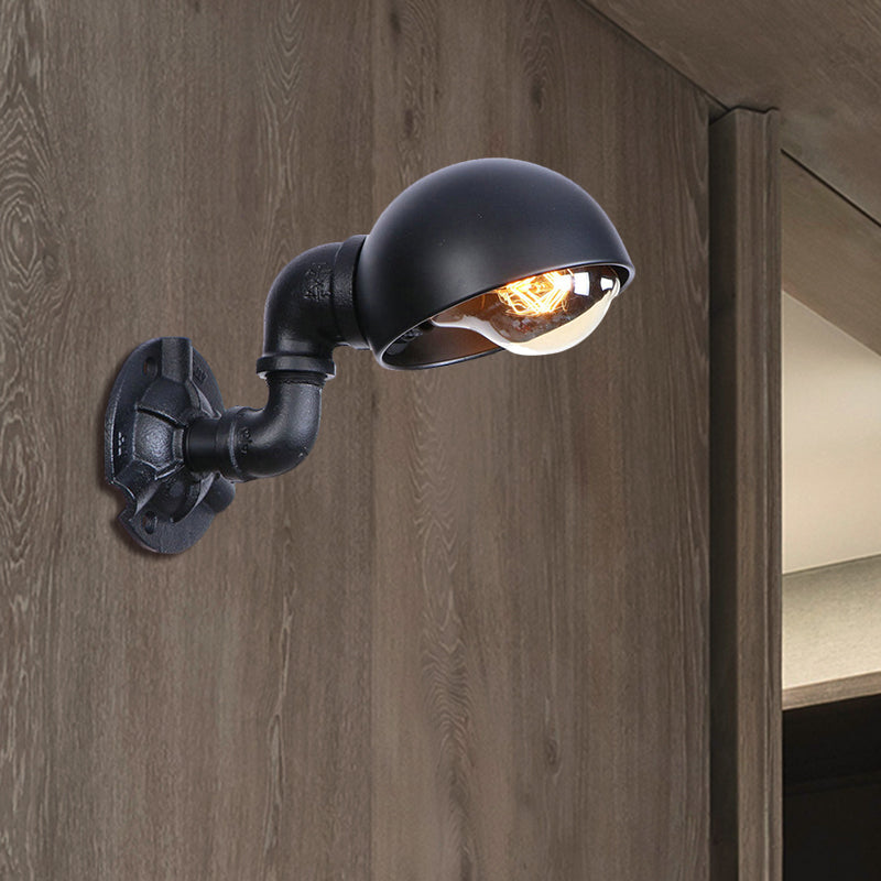 Dome Shade Iron Wall Light Fixture Industrial 1 Light Bedroom Sconce Light with Pipe Design in Black Clearhalo 'Art deco wall lights' 'Cast Iron' 'Glass' 'Industrial wall lights' 'Industrial' 'Middle century wall lights' 'Modern' 'Rustic wall lights' 'Tiffany' 'Traditional wall lights' 'Wall Lamps & Sconces' 'Wall Lights' Lighting' 468461
