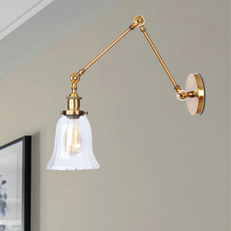 Brass Flared Wall Lighting Vintage Style Clear Textured Glass 1 Light Living Room Sconce Light Fixture Clearhalo 'Art deco wall lights' 'Cast Iron' 'Glass' 'Industrial wall lights' 'Industrial' 'Middle century wall lights' 'Modern' 'Rustic wall lights' 'Tiffany' 'Traditional wall lights' 'Wall Lamps & Sconces' 'Wall Lights' Lighting' 468467