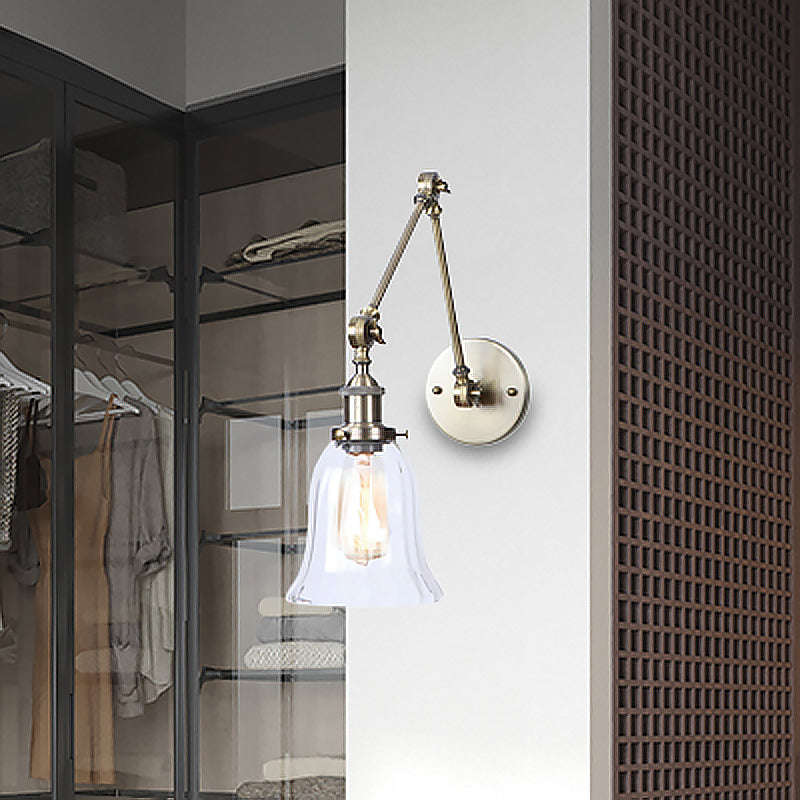 Clear Textured Glass Flared Wall Sconce Antique 1 Light Study Room Lighting Fixture in Bronze Clearhalo 'Cast Iron' 'Glass' 'Industrial wall lights' 'Industrial' 'Middle century wall lights' 'Modern' 'Tiffany' 'Traditional wall lights' 'Wall Lamps & Sconces' 'Wall Lights' Lighting' 468470