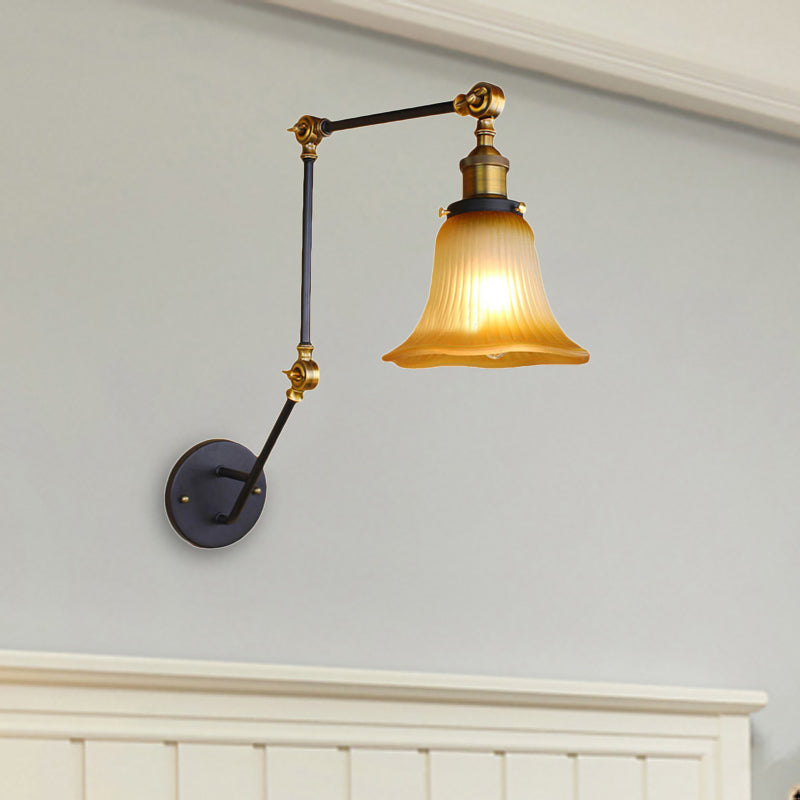 Amber Glass Black Wall Sconce Lighting Bell Shade 1-Light Industrial Light Fixture with Adjustable Arm Clearhalo 'Art deco wall lights' 'Cast Iron' 'Glass' 'Industrial wall lights' 'Industrial' 'Middle century wall lights' 'Modern' 'Rustic wall lights' 'Tiffany' 'Traditional wall lights' 'Wall Lamps & Sconces' 'Wall Lights' Lighting' 468480