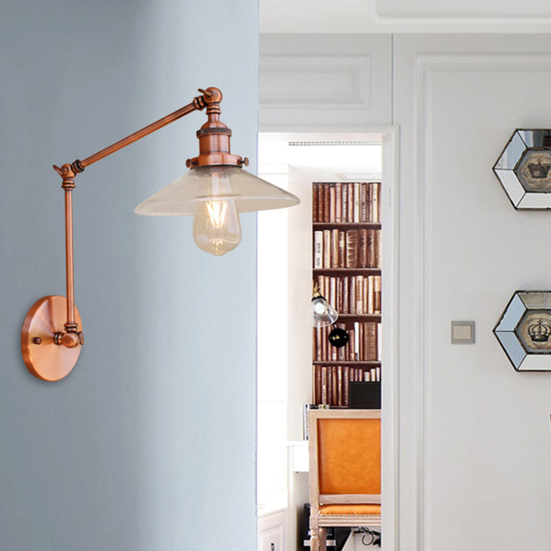 Rustic Tapered Wall Lighting Fixture 1 Bulb Clear Glass Sconce Light in Copper for Coffee Shop Clearhalo 'Art deco wall lights' 'Cast Iron' 'Glass' 'Industrial wall lights' 'Industrial' 'Middle century wall lights' 'Modern' 'Rustic wall lights' 'Tiffany' 'Traditional wall lights' 'Wall Lamps & Sconces' 'Wall Lights' Lighting' 468482