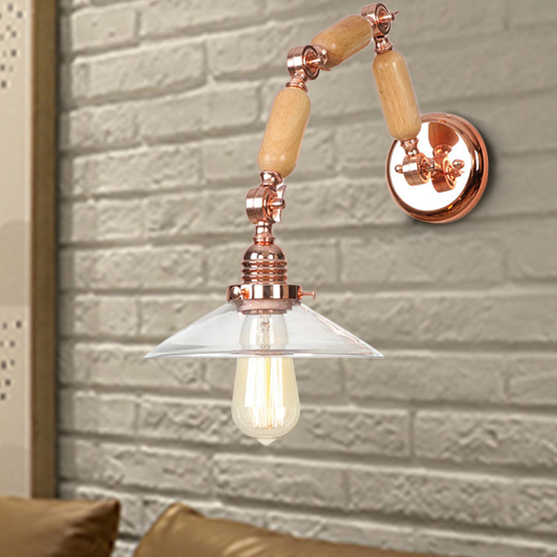 Conical Clear Glass Wall Mounted Lamp Vintage Single Bulb Living Room Sconce Light in Rose Gold with Arm Clearhalo 'Cast Iron' 'Glass' 'Industrial wall lights' 'Industrial' 'Middle century wall lights' 'Modern' 'Tiffany' 'Traditional wall lights' 'Wall Lamps & Sconces' 'Wall Lights' Lighting' 468490