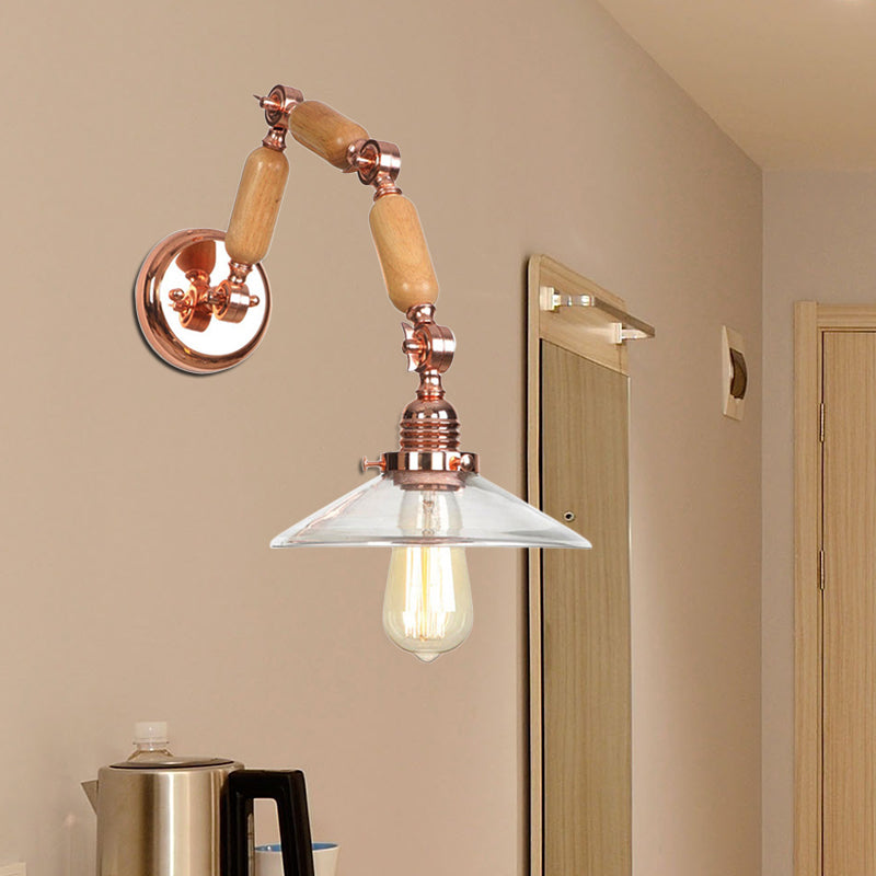 Conical Clear Glass Wall Mounted Lamp Vintage Single Bulb Living Room Sconce Light in Rose Gold with Arm Clearhalo 'Cast Iron' 'Glass' 'Industrial wall lights' 'Industrial' 'Middle century wall lights' 'Modern' 'Tiffany' 'Traditional wall lights' 'Wall Lamps & Sconces' 'Wall Lights' Lighting' 468491