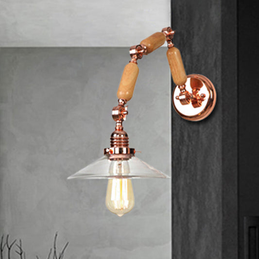 Conical Clear Glass Wall Mounted Lamp Vintage Single Bulb Living Room Sconce Light in Rose Gold with Arm Clearhalo 'Cast Iron' 'Glass' 'Industrial wall lights' 'Industrial' 'Middle century wall lights' 'Modern' 'Tiffany' 'Traditional wall lights' 'Wall Lamps & Sconces' 'Wall Lights' Lighting' 468492