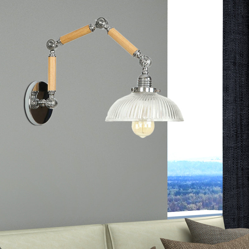 Ribbed Glass Silver Sconce Light Dome 1-Light Industrial Wall Lamp Fixture with Rotatable Arm Clearhalo 'Cast Iron' 'Glass' 'Industrial wall lights' 'Industrial' 'Middle century wall lights' 'Modern' 'Tiffany' 'Traditional wall lights' 'Wall Lamps & Sconces' 'Wall Lights' Lighting' 468494